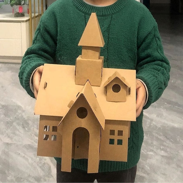Child using 2pcs DIY Cardboard House Building & Painting Kit: Build, Paint & Play