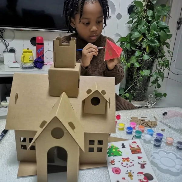 Child using 2pcs DIY Cardboard House Building & Painting Kit: Build, Paint & Play