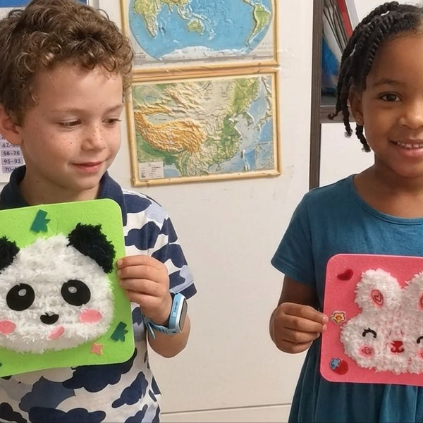 Child using DIY Fluffy Animal Art Kit — Pompom Yarn Craft for Kids
